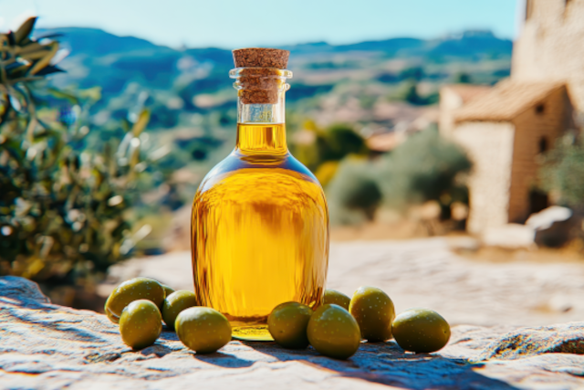 Oliven&ouml;l in einer eleganten Flasche auf einem Steintisch, umgeben von Oliven. Vielf&auml;ltige Kosmetik-&Ouml;le von Olive-elia erh&auml;ltlich